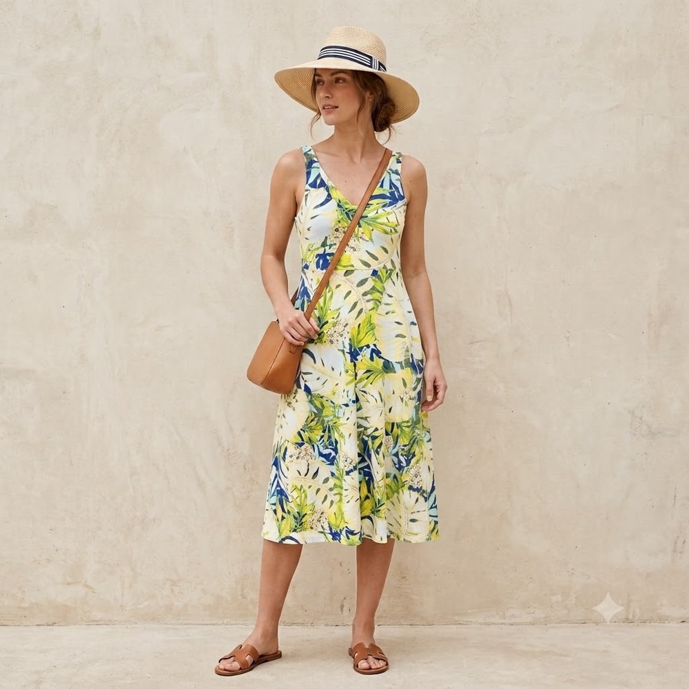 Chaps Denim Midi Dress Womens Medium Green Yellow Tropical Floral Cotton Knit